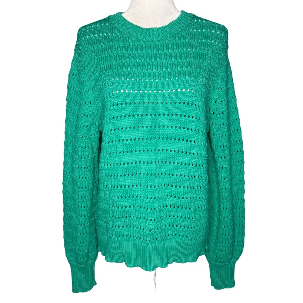 J.Crew Teal Open Knit Cotton Blend Sweater Large Pullover Crewneck